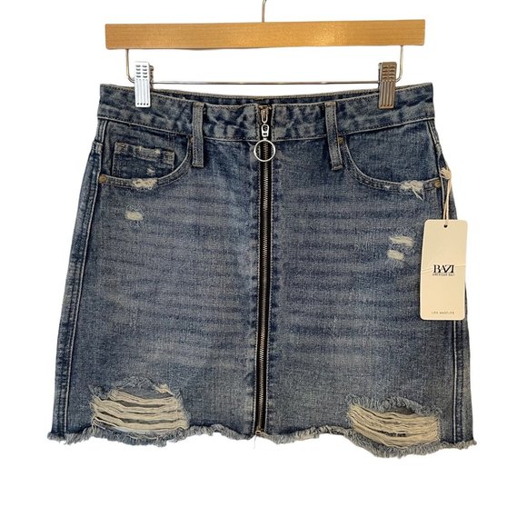 American Bazi Dresses & Skirts - NWT American Bazi Womens Size M Denim Jean Skirt Full Zip Front Distressed Mini